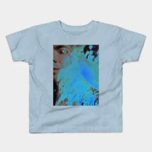 Portrait, digital collage, special processing. Men looking. Behind light. Very grainy on close, but so beautiful. Aquamarine soft. Kids T-Shirt